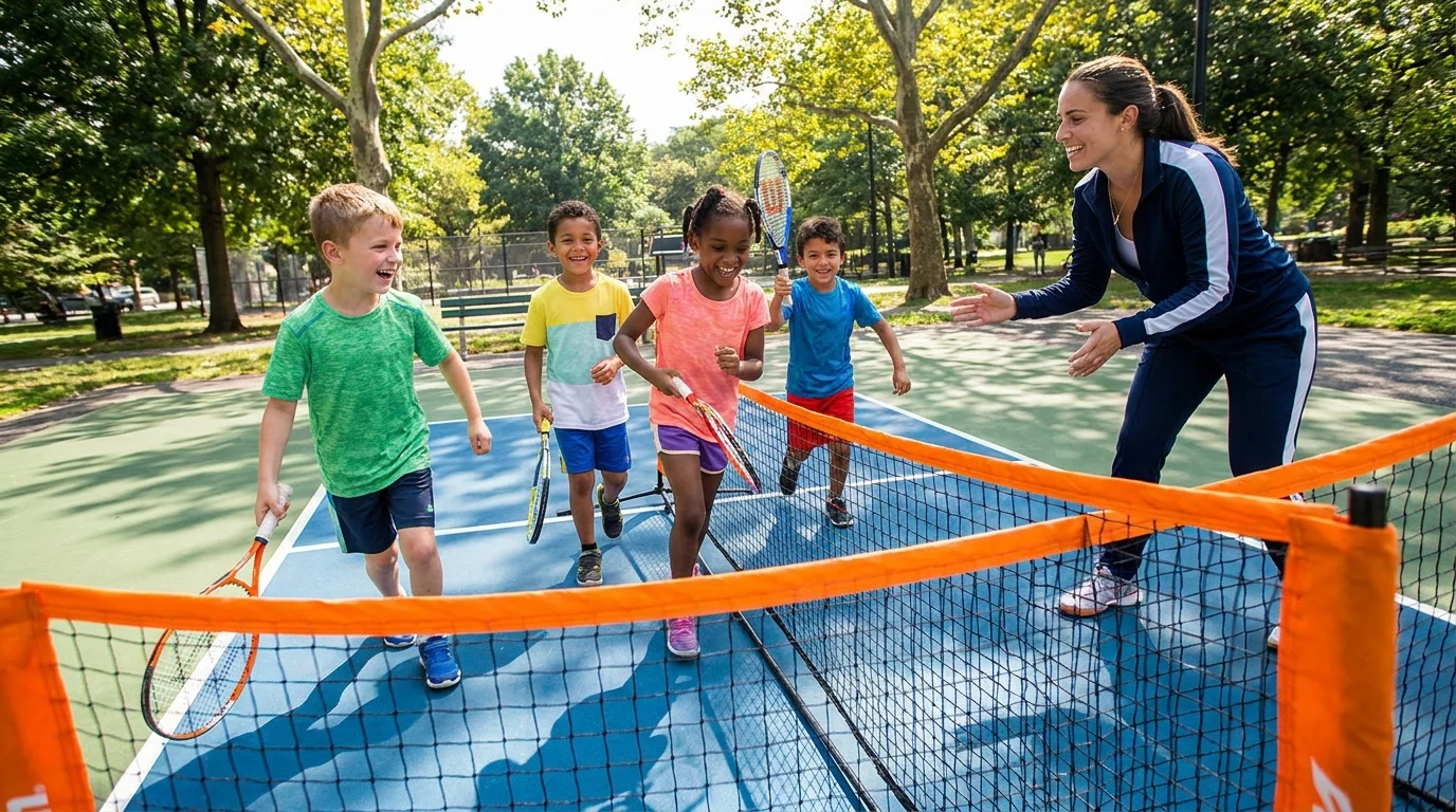 Kinderen tennisles in actie